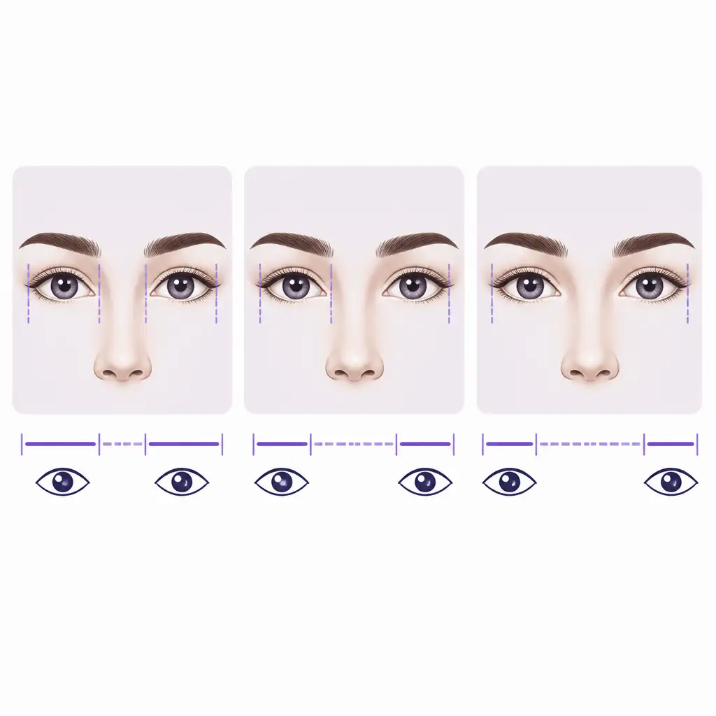 Comparison of close-set, average, and wide-set eye spacing on three stylized face diagrams