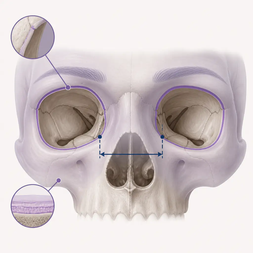 Anatomical diagram of orbital bone structure showing how eye spacing is determined by the skull