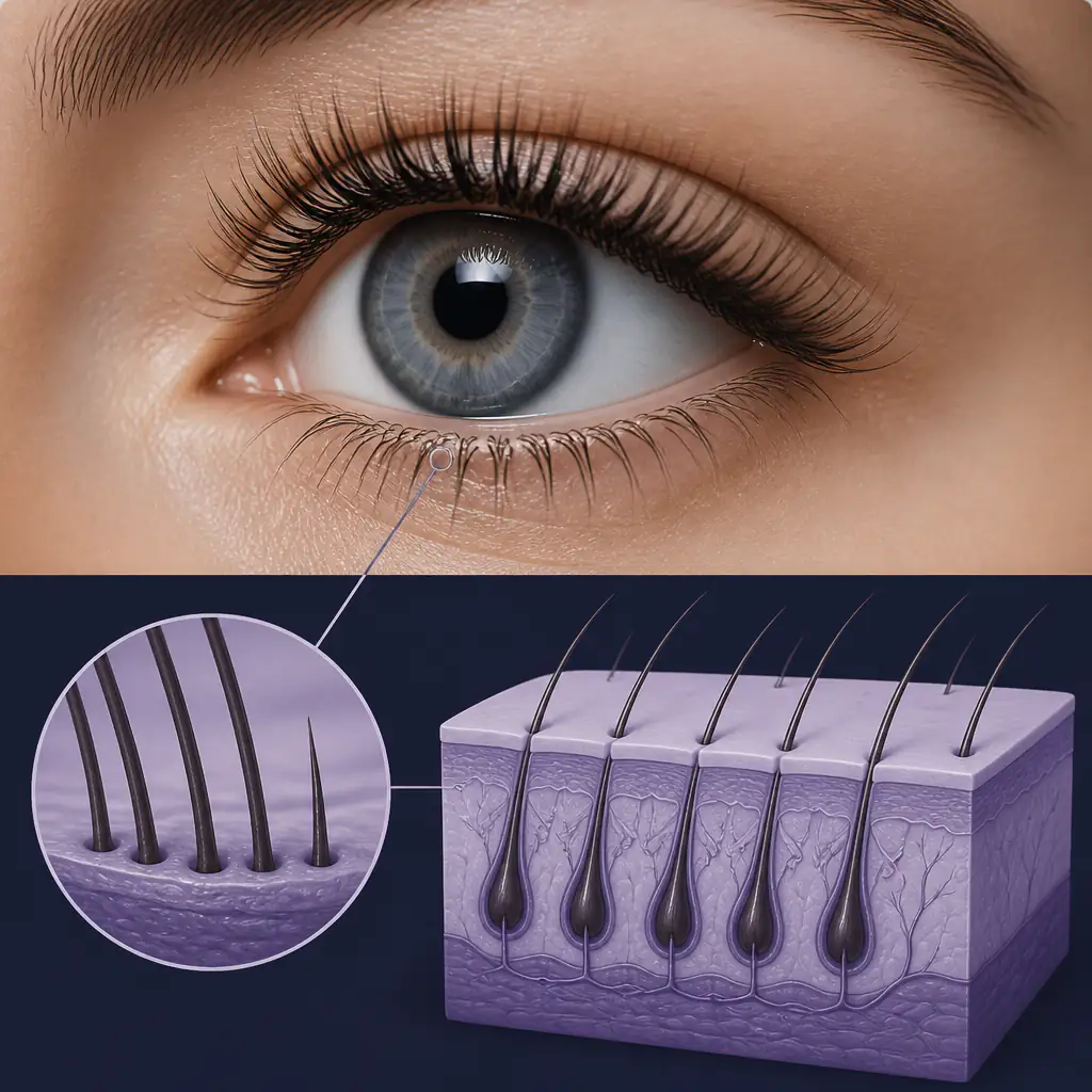 Close-up of full, defined eyelashes representing the goal of eyelash growth treatments including minoxidil on eyelashes