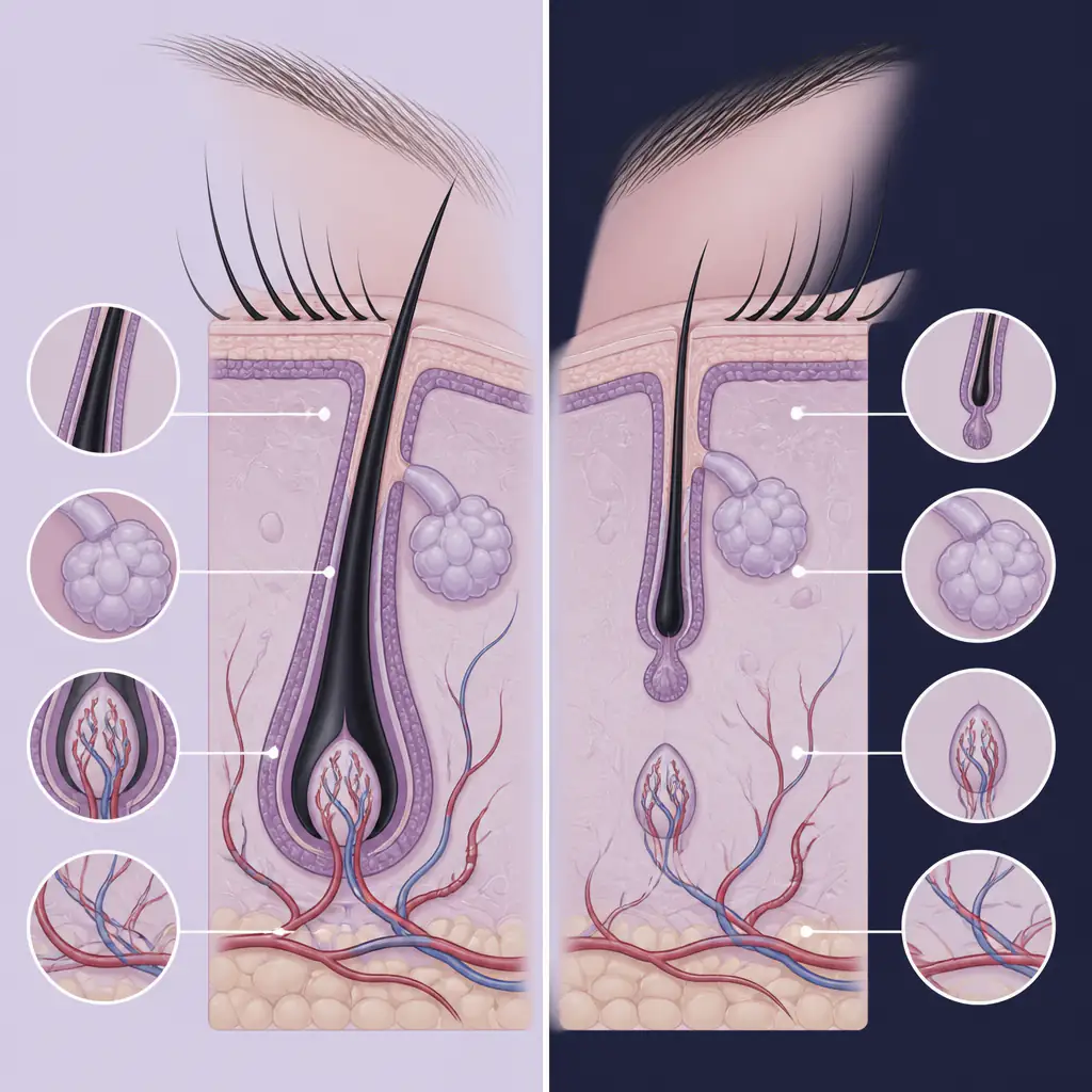Anatomical diagram of eyelash follicle phases showing anagen and telogen stages relevant to minoxidil and Latisse mechanisms