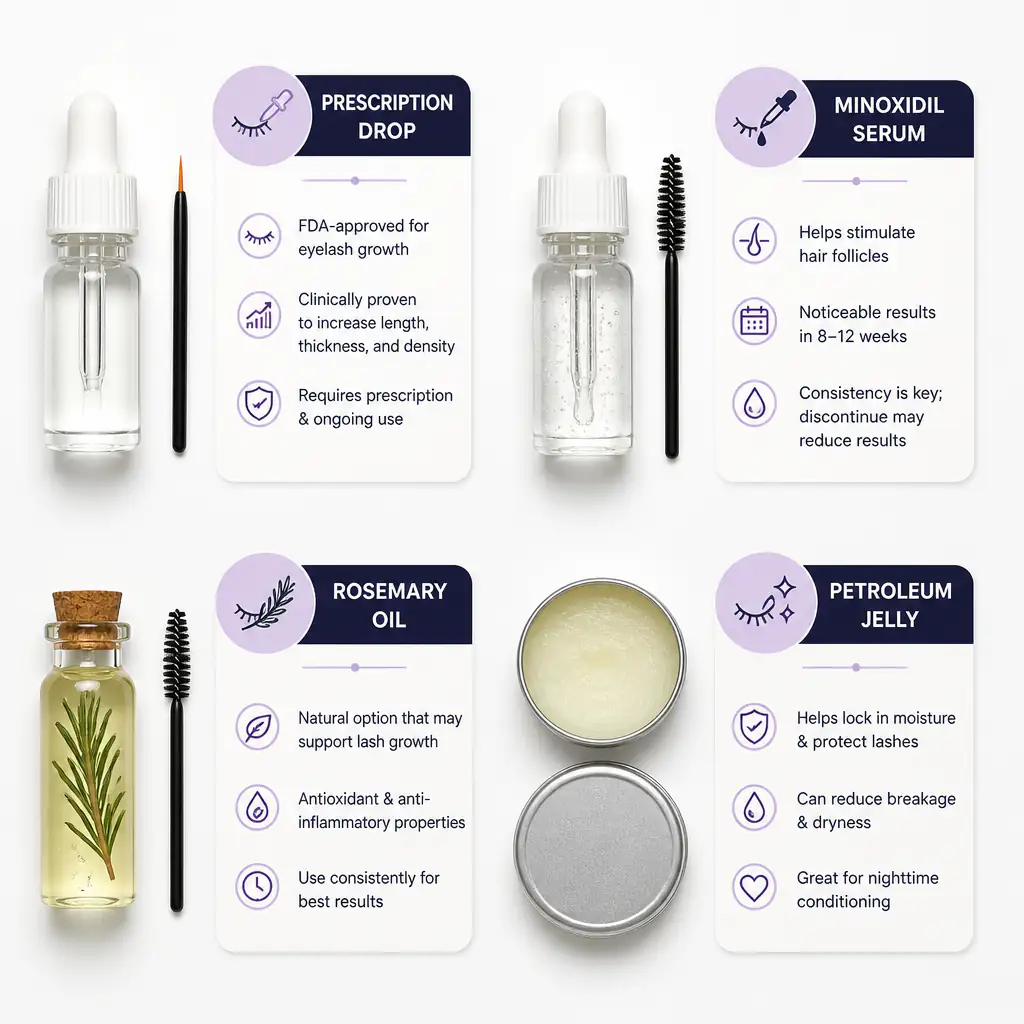 Comparison of eyelash growth treatment options including Latisse, minoxidil, rosemary oil, and Vaseline laid out side by side