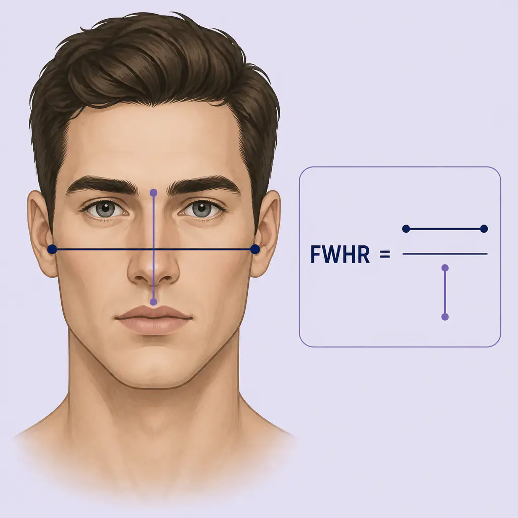 Diagram explaining facial width-to-height ratio FWHR measurement on a male face
