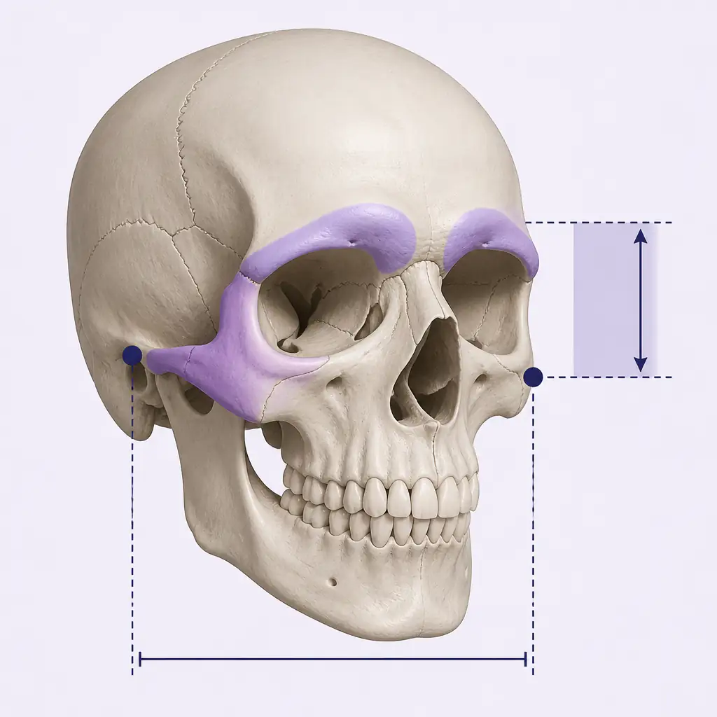 Skull anatomy diagram showing zygomatic arch and its role in facial width-to-height ratio