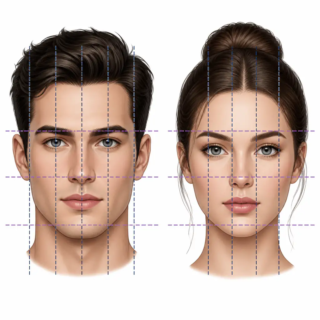 Face forward aesthetics diagram showing facial thirds and fifths proportions