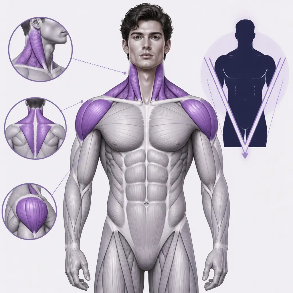 Aesthetic physique diagram showing shoulder, neck, and trap muscles that frame the face
