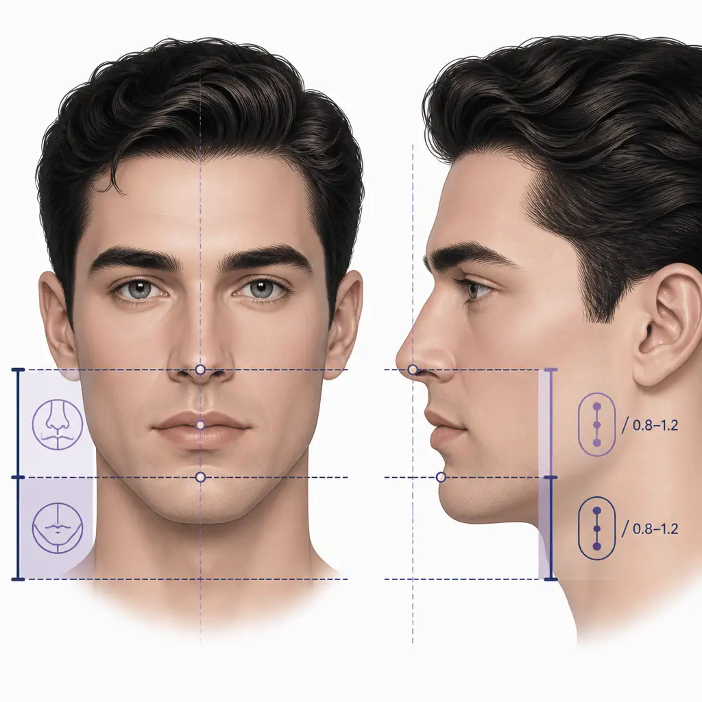 Diagram illustrating chin to philtrum ratio measurements on the lower third of the face