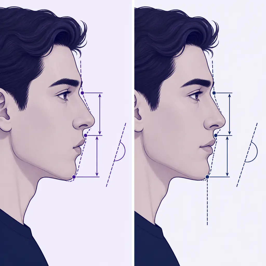 Side profile comparison showing imbalanced versus ideal chin to philtrum ratio and facial convexity angle