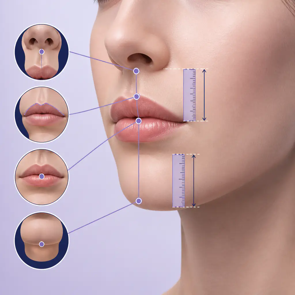 Anatomical diagram of lower face landmarks used to measure philtrum length and chin height