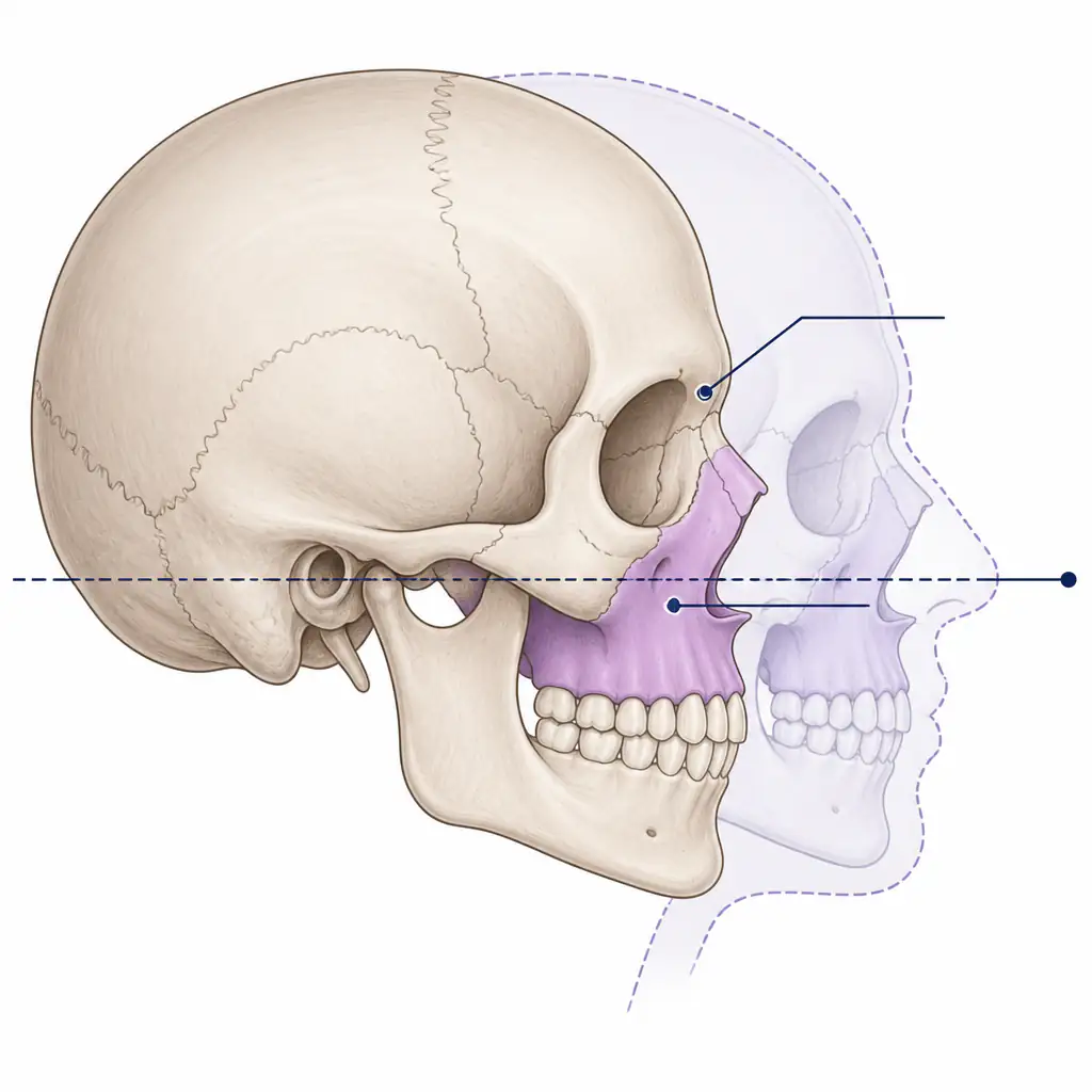 Anatomical diagram showing recessed maxilla skull position compared to normal