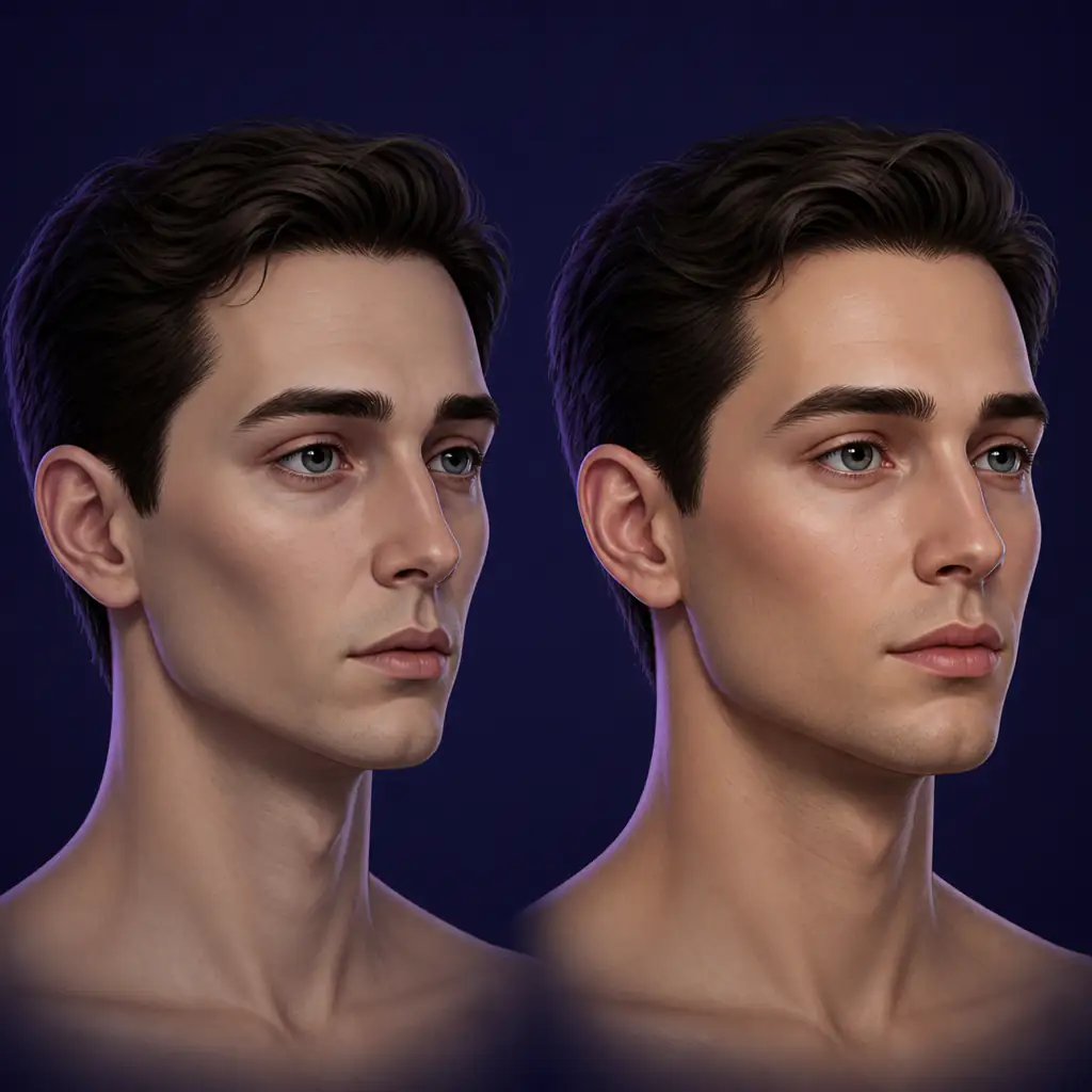 Visual comparison of flat recessed maxilla versus well-projected maxilla on male faces