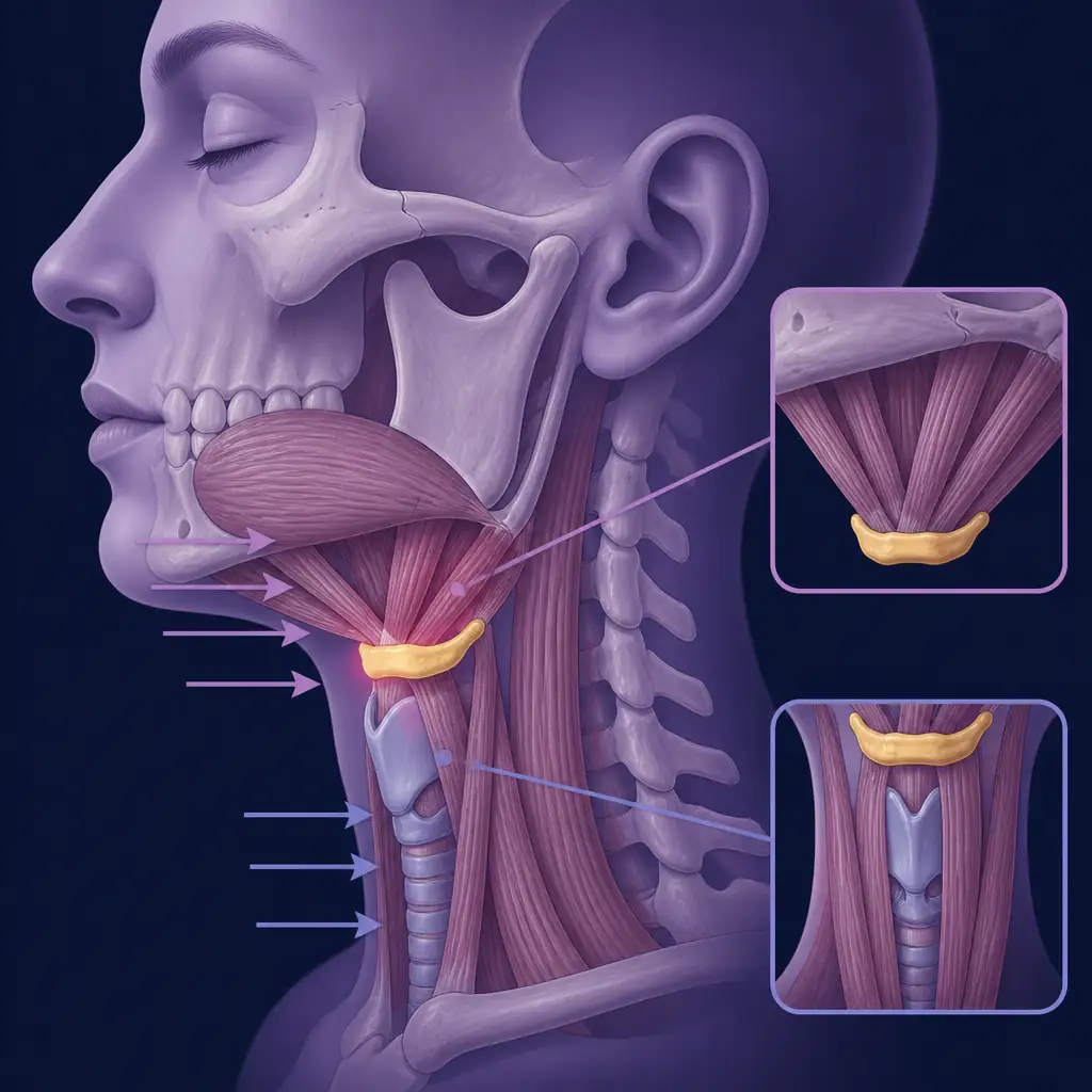 Side profile anatomical illustration showing how to raise the hyoid bone and its surrounding muscle groups