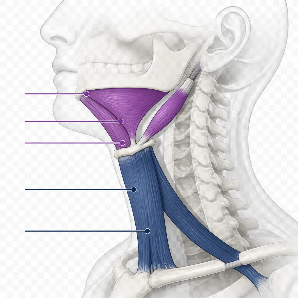 Anatomical diagram of suprahyoid and infrahyoid muscles relevant to hyoid exercises