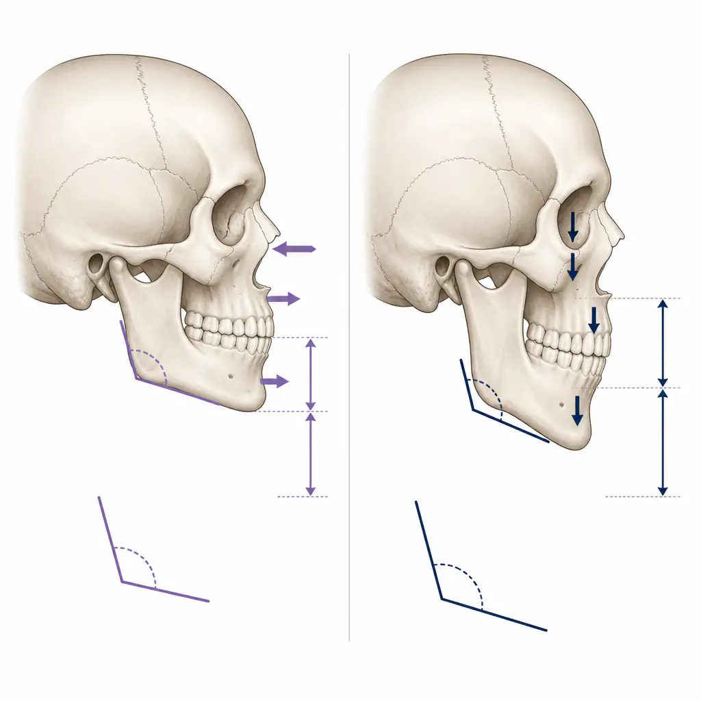 Anatomical diagram comparing forward vs downward facial growth vectors in male skull profiles