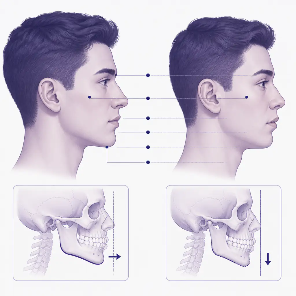 Side-by-side profile comparison of forward facial growth versus downward facial growth