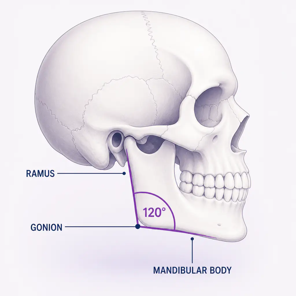 Diagram of the gonial angle on a human skull profile showing the mandibular angle measurement