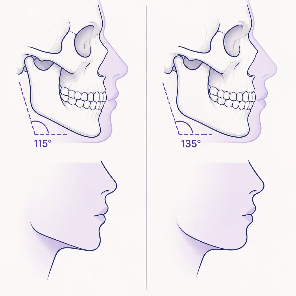 Comparison of low versus high gonial angle jaw profiles in lateral anatomical illustration