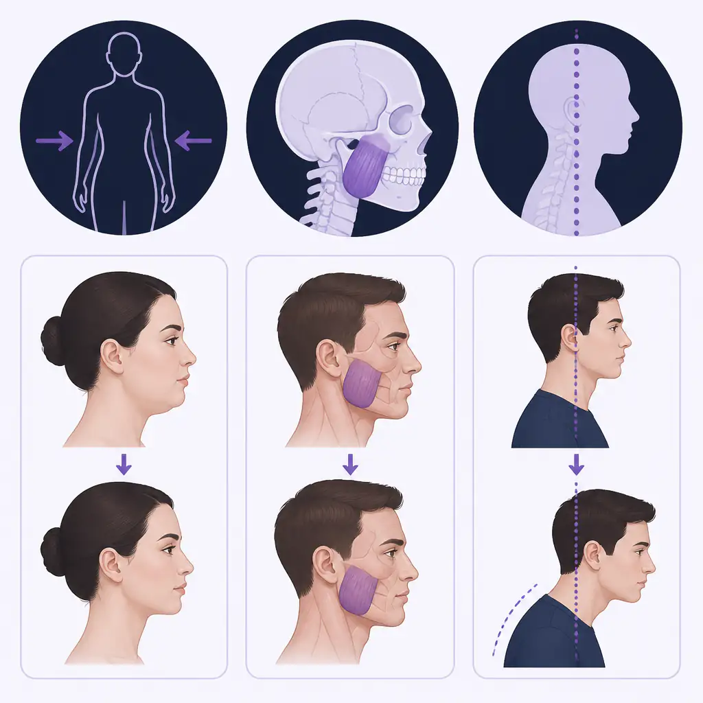 Diagram showing three factors that influence jaw angle appearance: body fat, masseter muscle, and posture