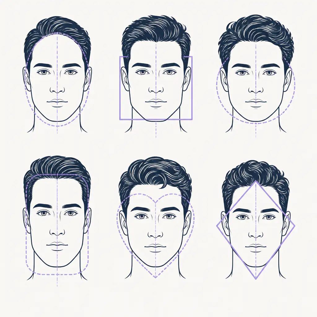 Illustrated diagram of the six male face shapes for hairstyle forum and haircut selection