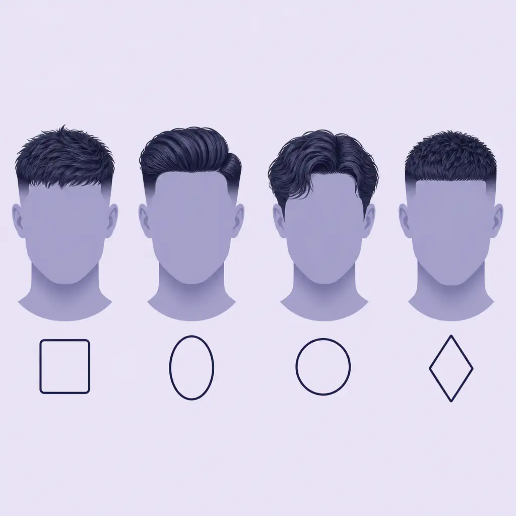 Comparison of recommended haircuts for different male face shapes including round, square, oblong, and oval