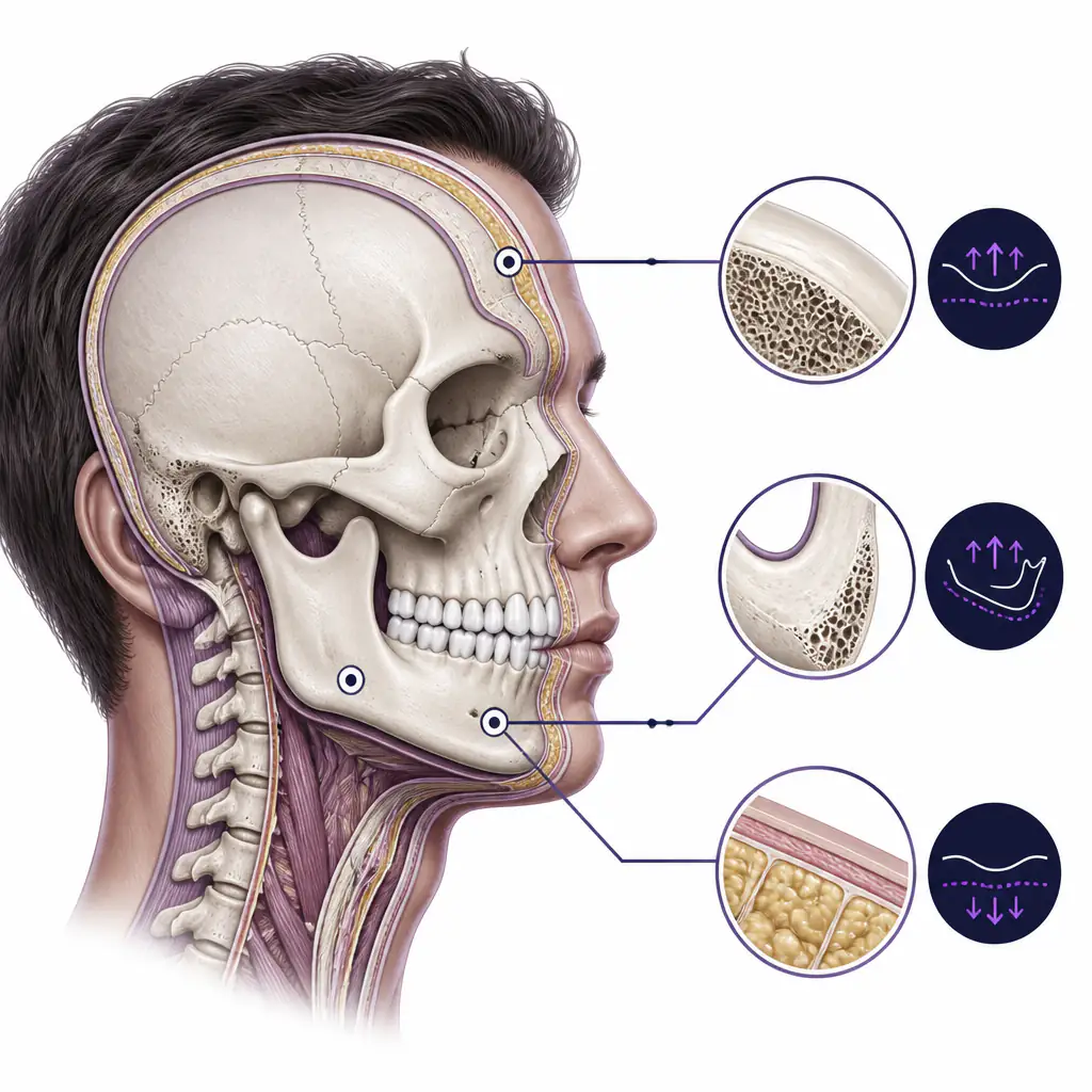 Anatomical diagram showing facial bones affected by HGH and IGF-1