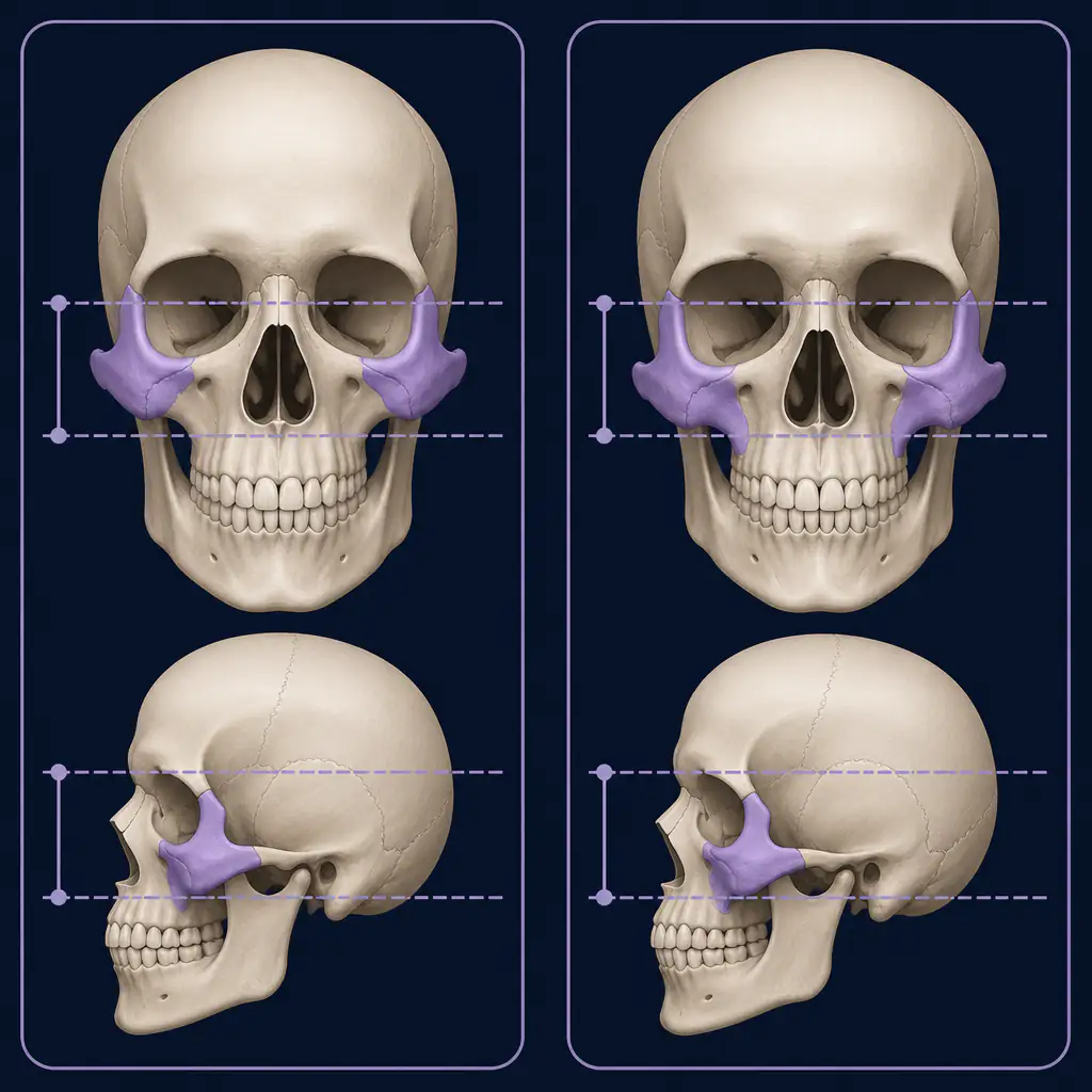 Anatomy diagram of zygomatic bone showing high and low cheekbone positions