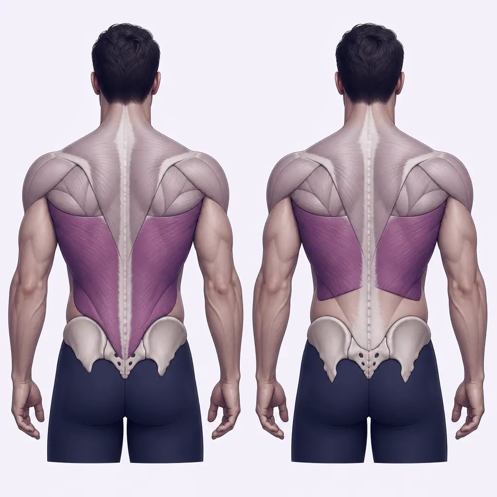 High lat insertions vs low lat insertions comparison diagram showing back musculature
