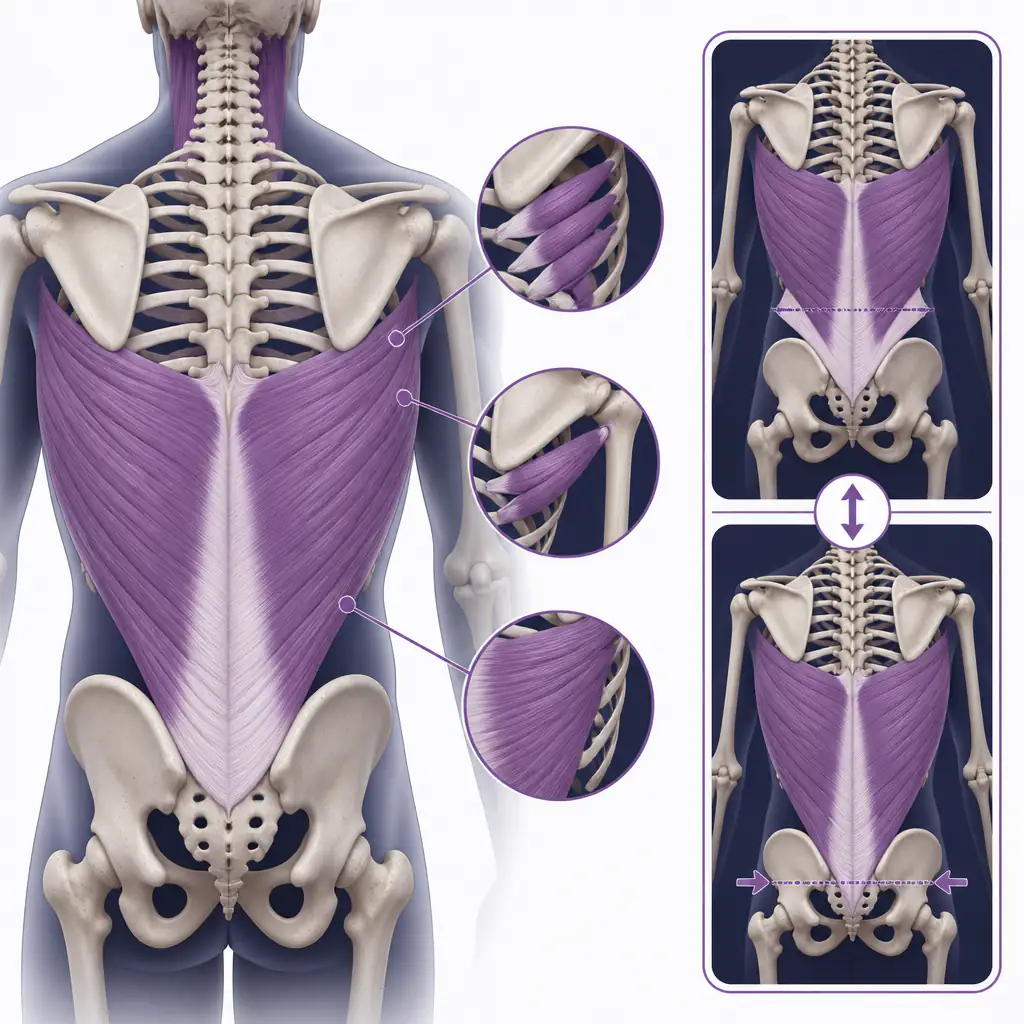 Anatomy diagram of lat muscle insertion points on the posterior torso