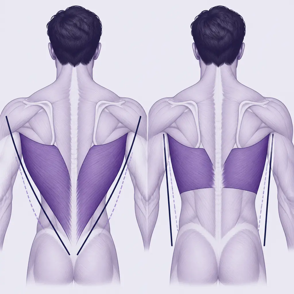 Visual comparison of V-taper silhouettes with high versus low lat muscle insertions
