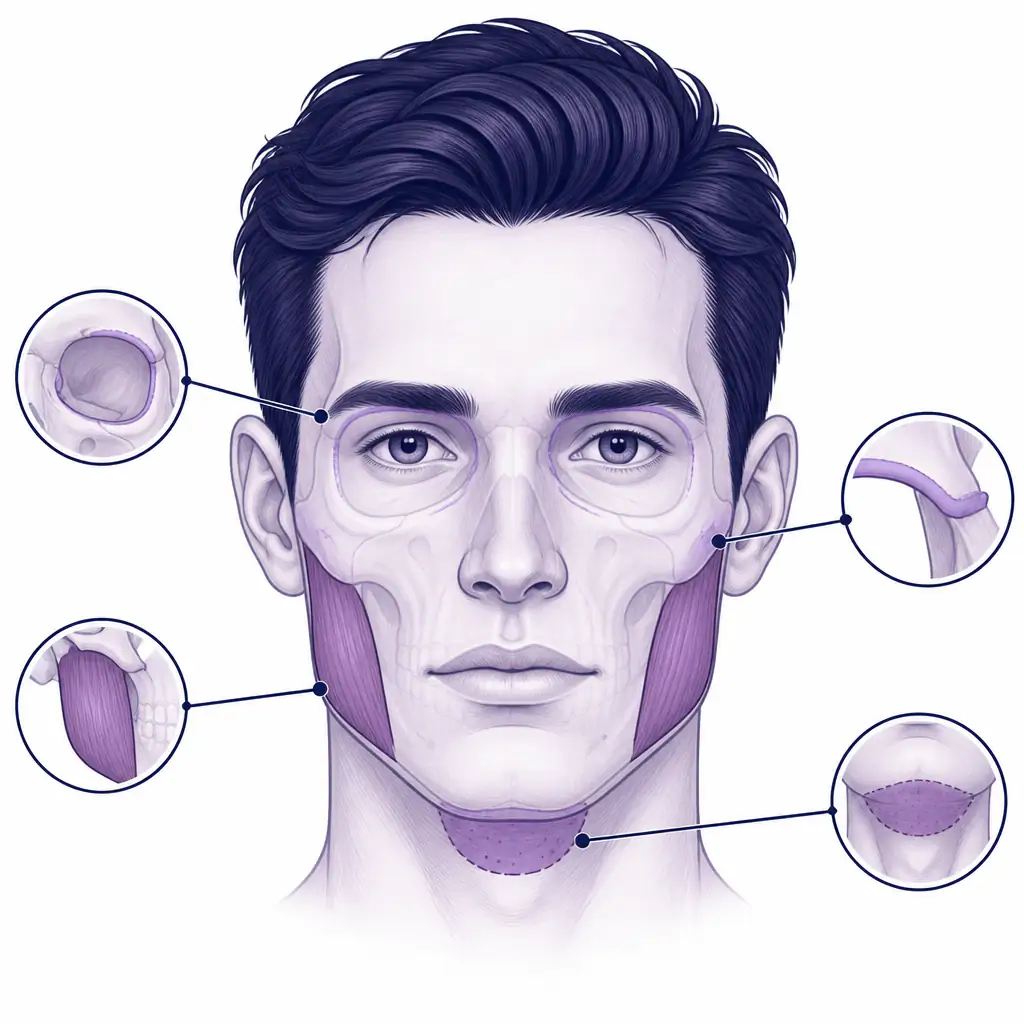 Anatomical diagram of facial features relevant to looksmaxxing and ascension