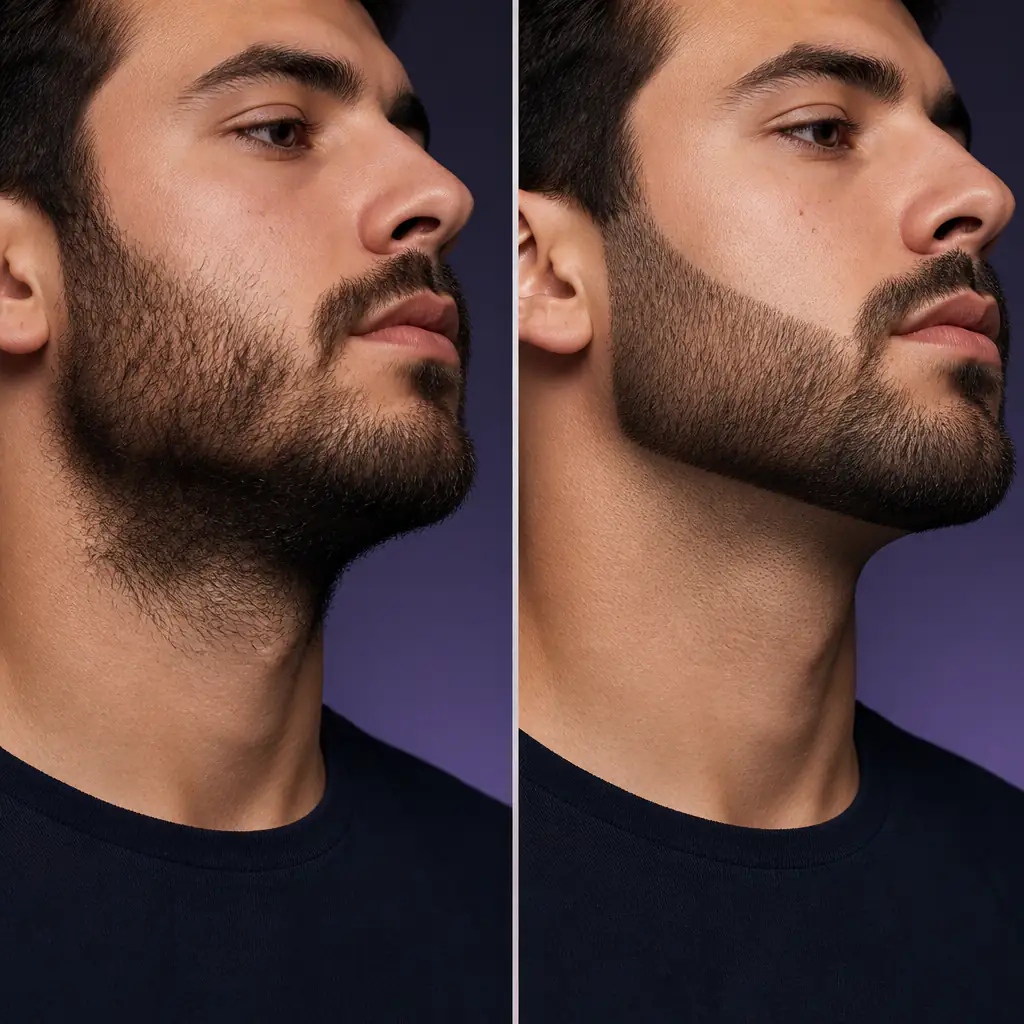 Grooming comparison showing beard lining technique for jawline definition