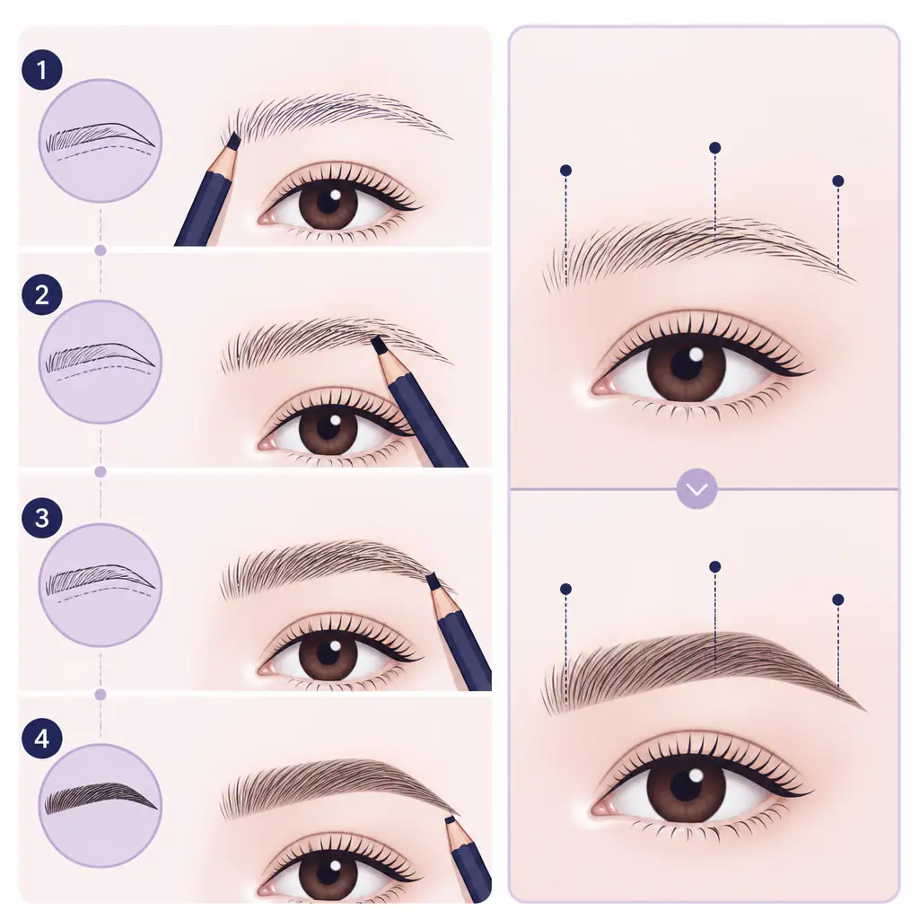 Diagram showing how to fill in an asymmetrical eyebrow with a pencil to correct the arch height
