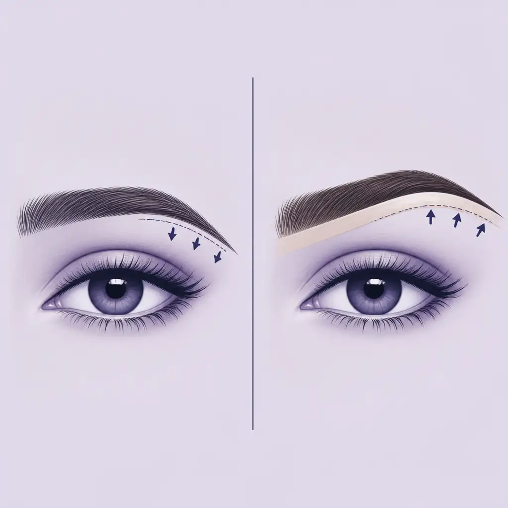Before and after comparison illustration showing eyebrow asymmetry correction techniques