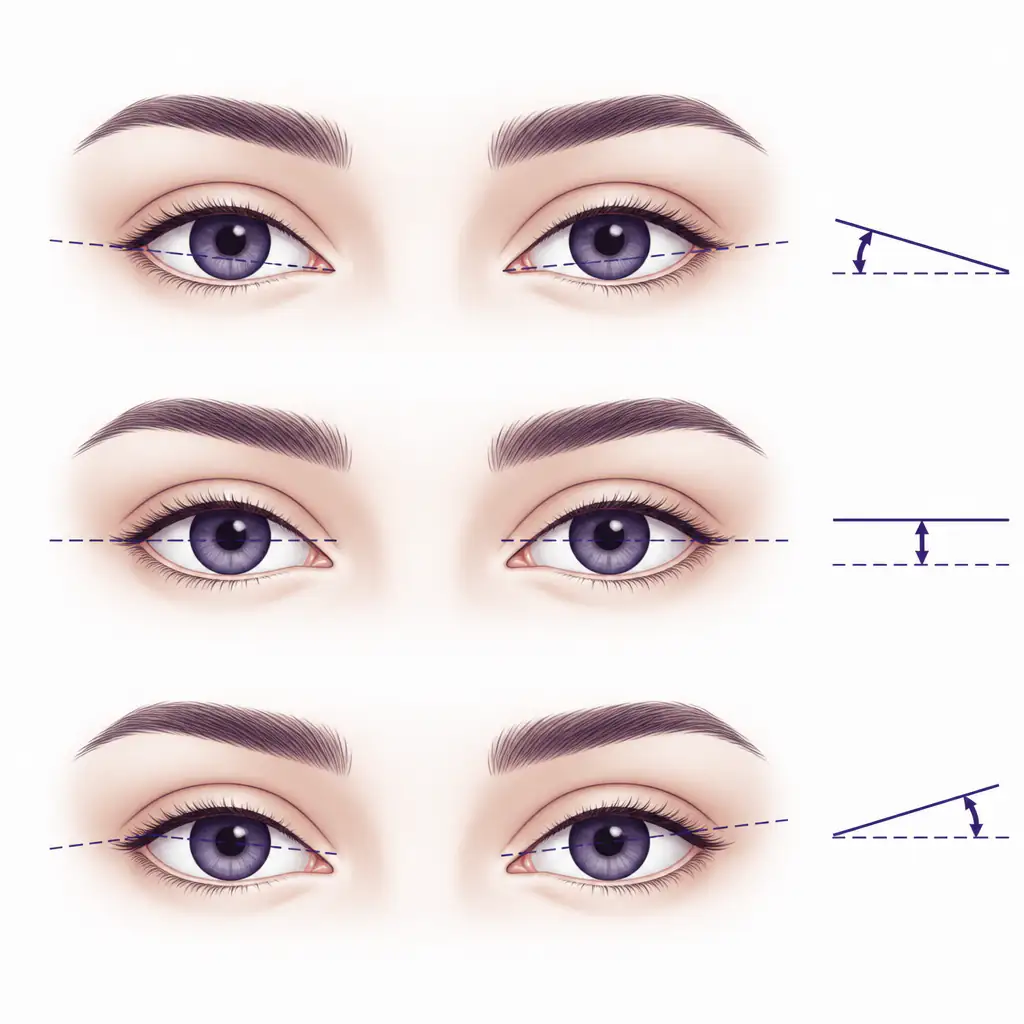 Diagram comparing negative, neutral, and positive canthal tilt in human eyes