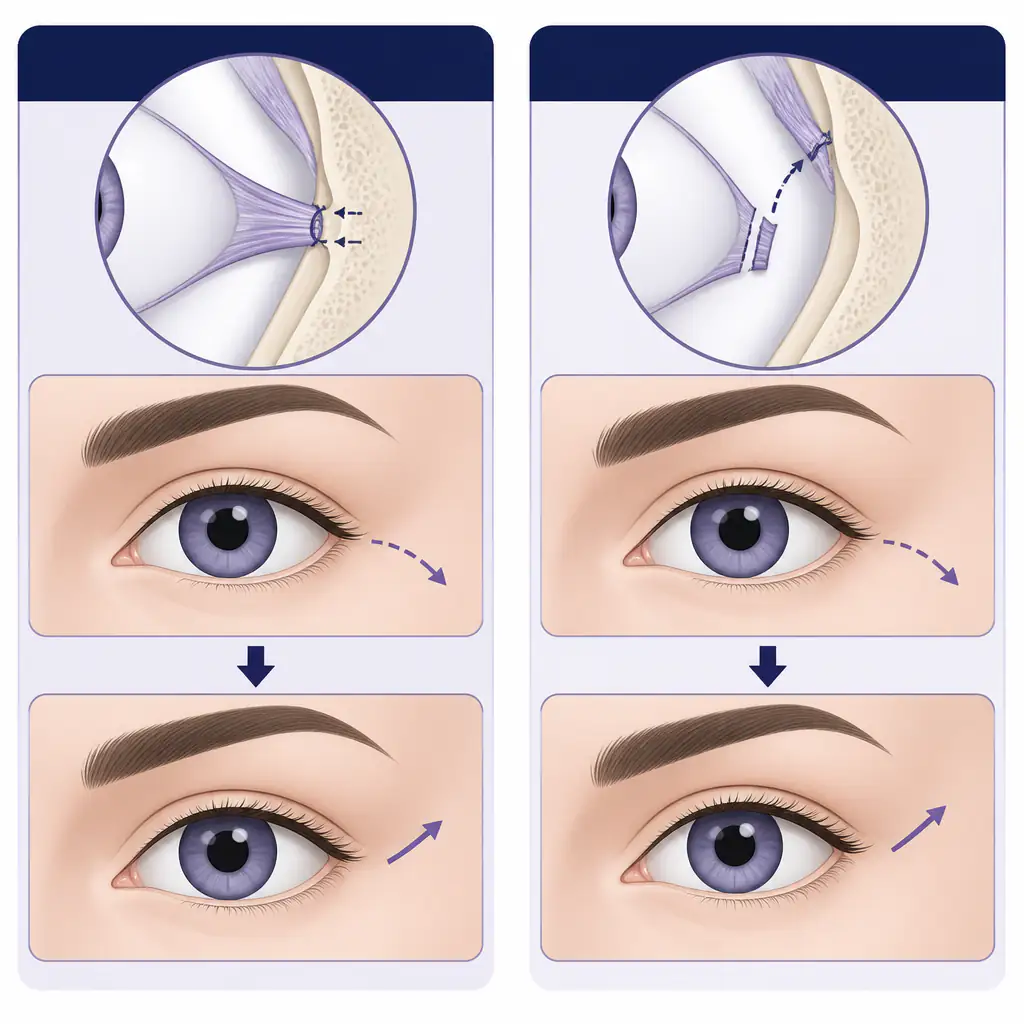 Comparison illustration of canthopexy versus canthoplasty for correcting negative canthal tilt