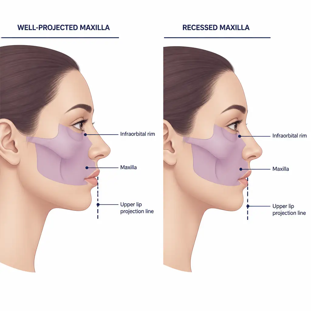 Side profile diagram illustrating a recessed maxilla versus normal maxilla position