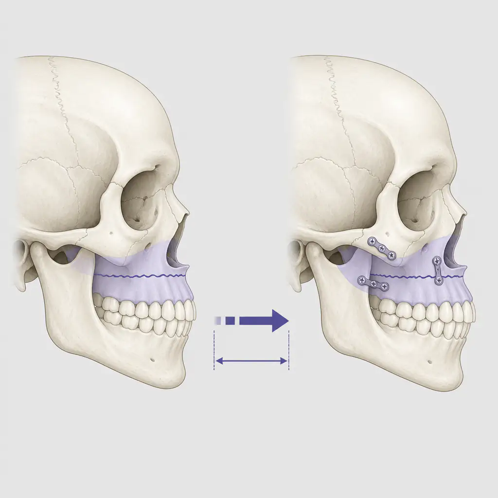 Diagram comparing maxilla position before and after Le Fort I osteotomy advancement