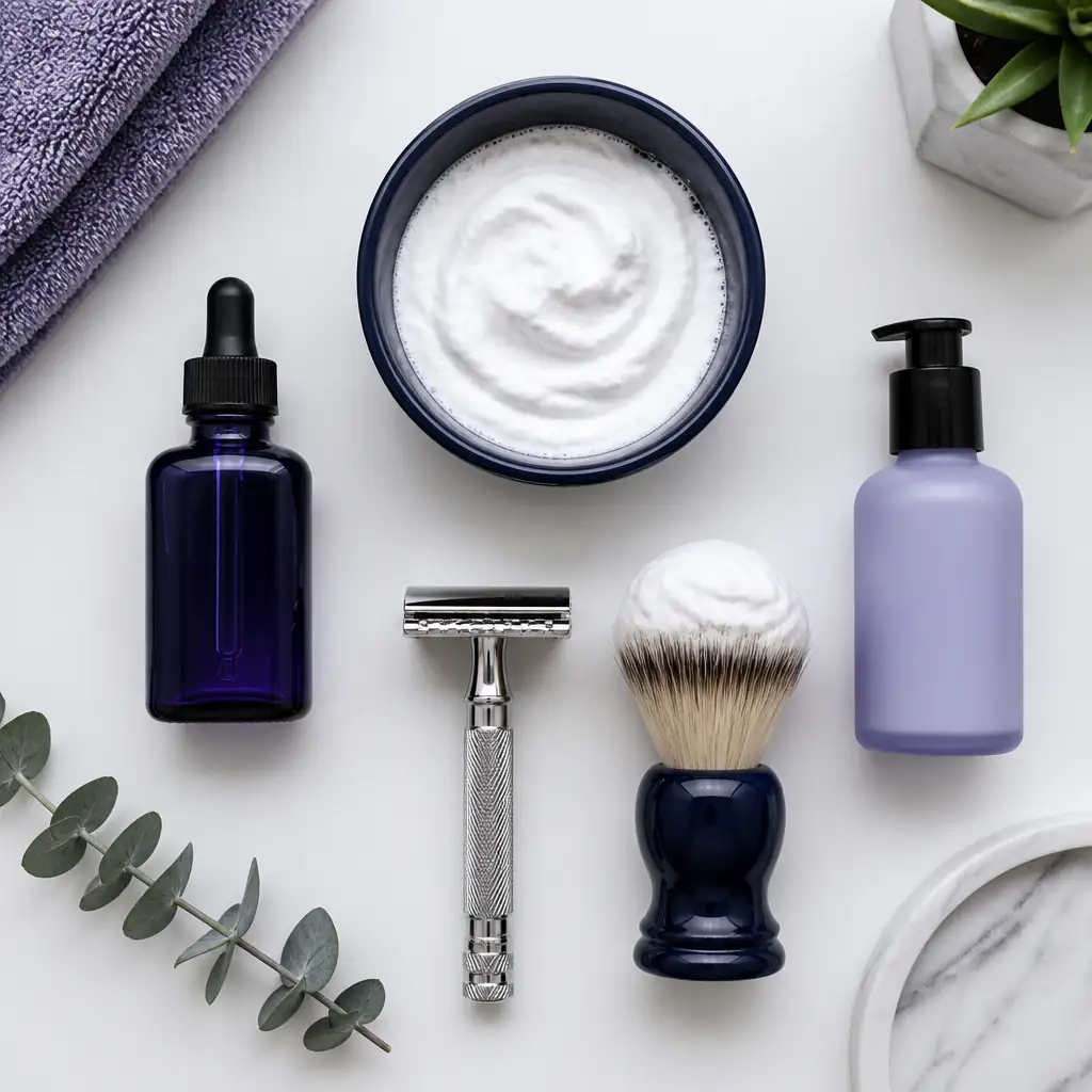 Complete shaving kit laid out showing how to get a clean shave