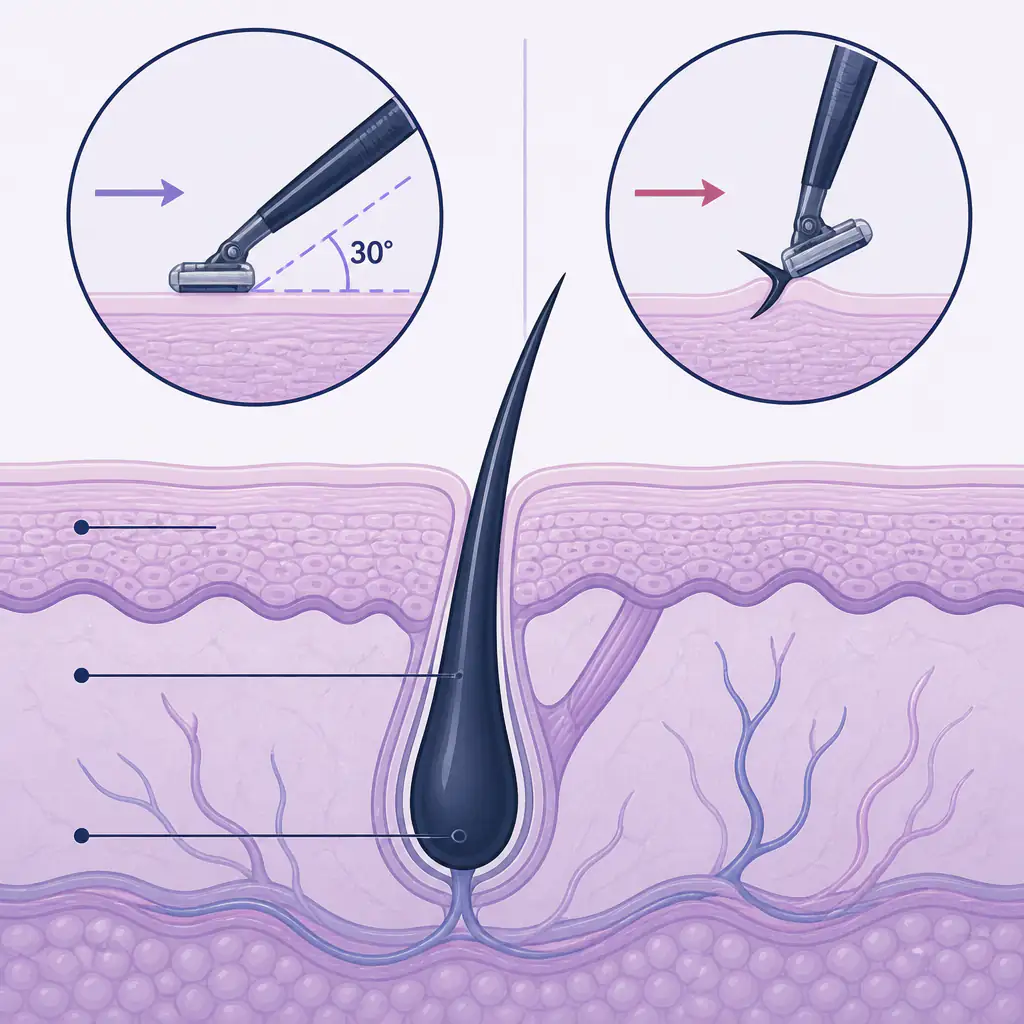 Diagram showing correct razor blade angle for a clean shave against skin and hair follicle anatomy