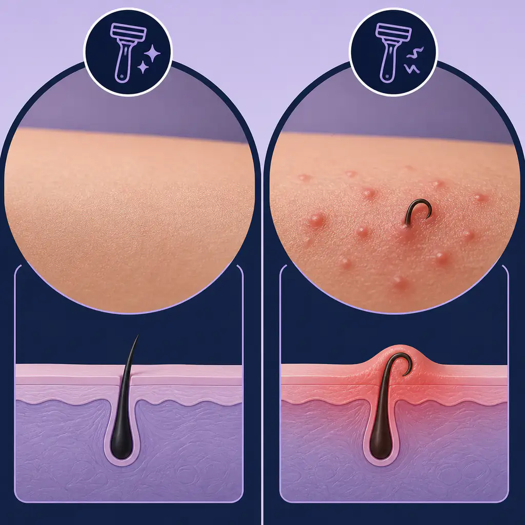 Side-by-side comparison of smooth clean shave result versus razor burn and ingrown hairs