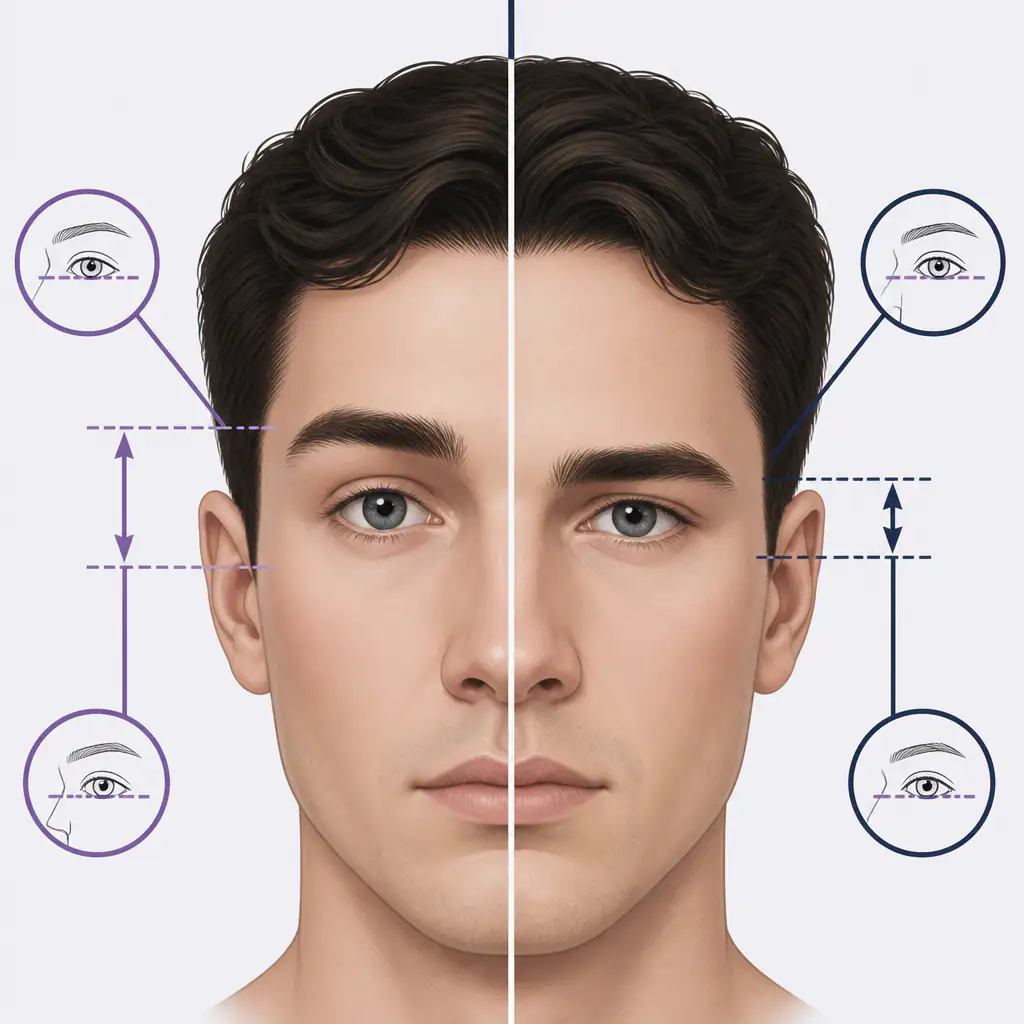 Diagram comparing high-set vs low-set eyebrow positions on a male face