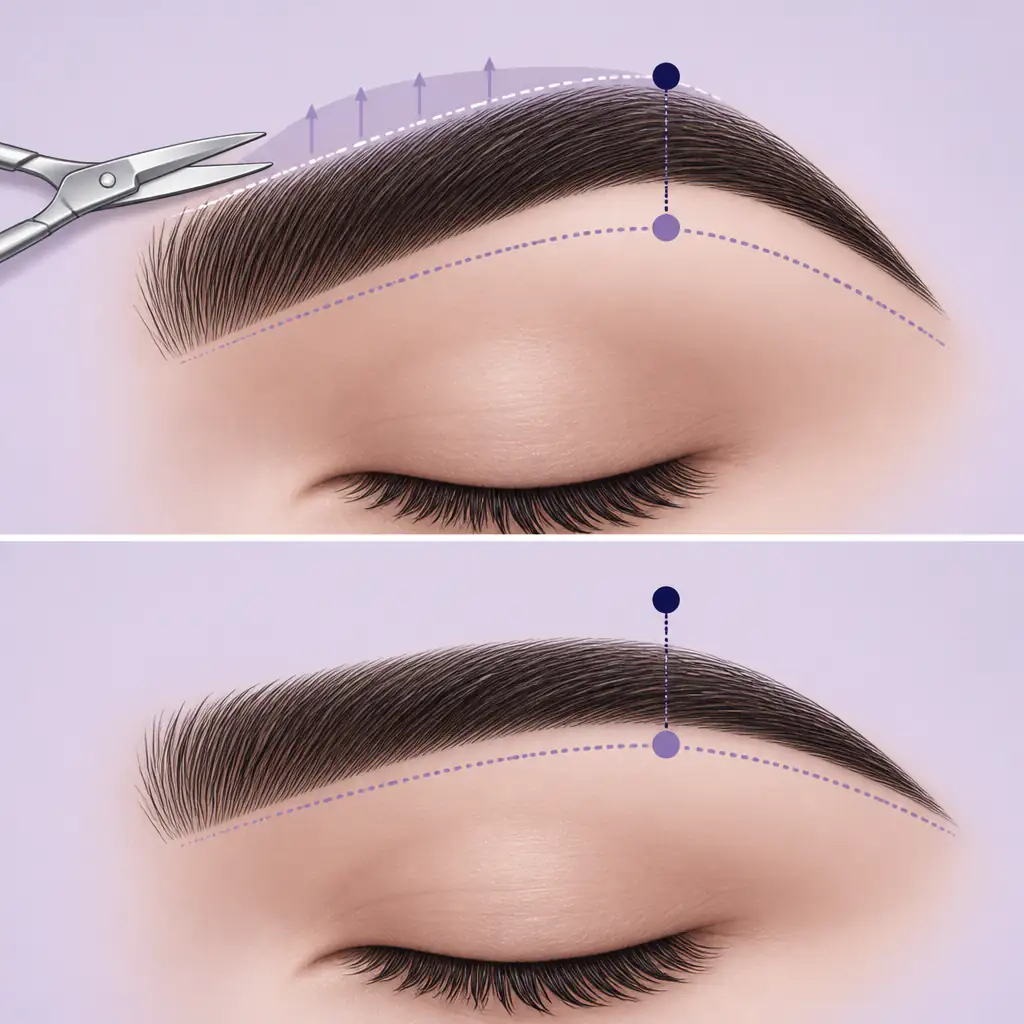 Illustration of brow grooming technique to create a lower, flatter arch