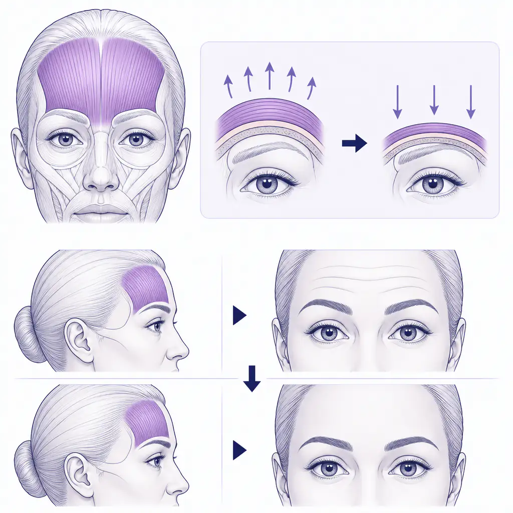 Anatomy diagram showing frontalis muscle and how brow lowering works