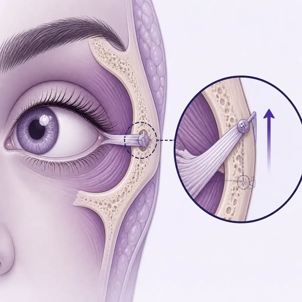 Anatomical diagram showing lateral canthal tendon and canthoplasty repositioning concept