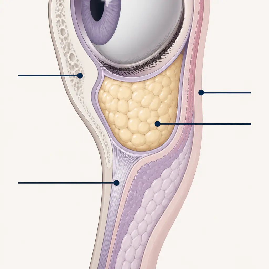 anatomical diagram of under-eye tear trough anatomy showing fat pads and orbital rim