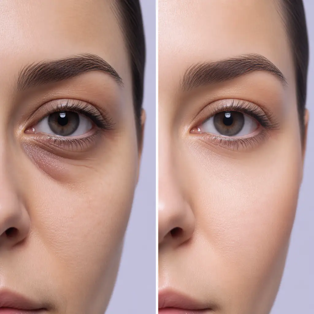 before and after comparison of under-eye Itachi lines with skincare and lifestyle improvement