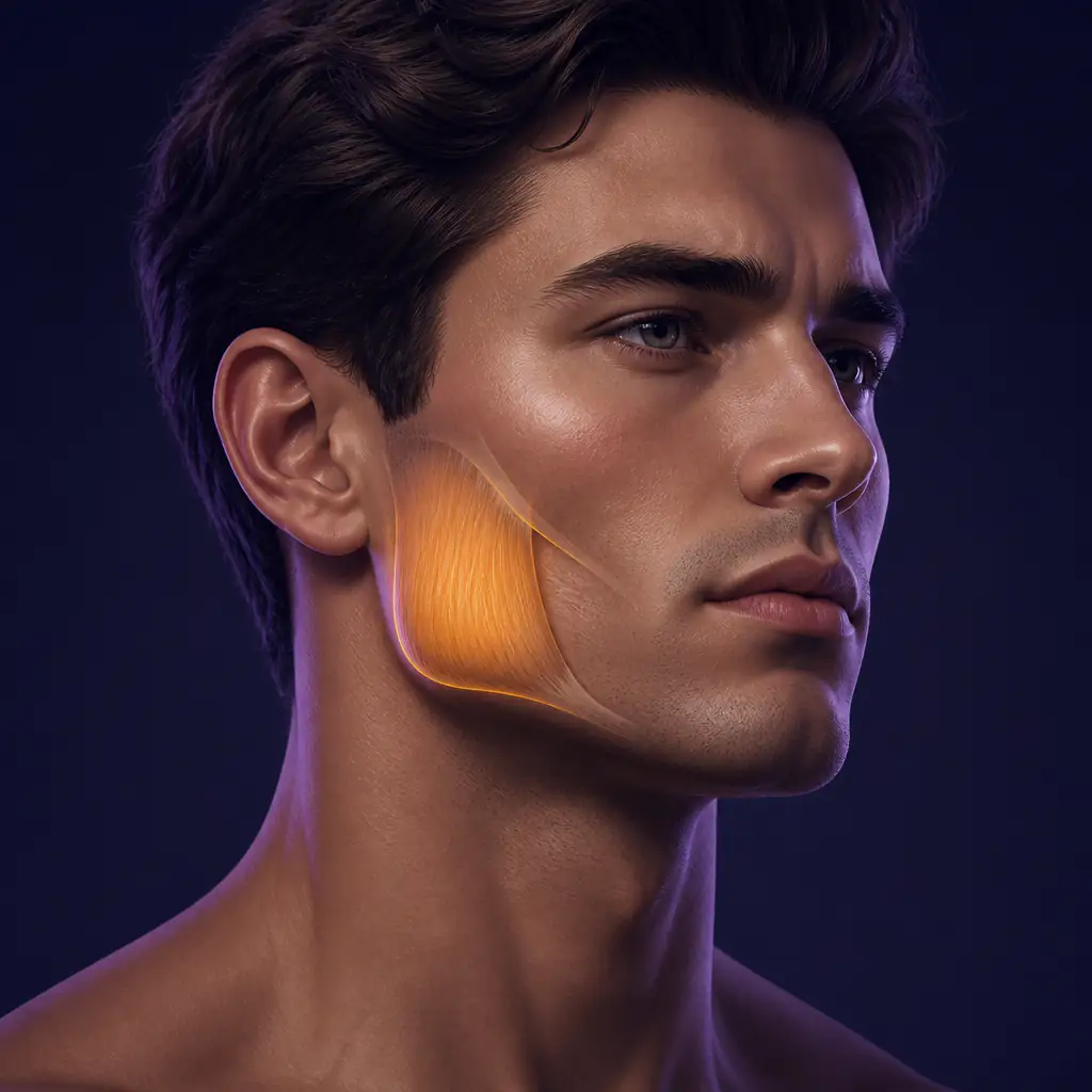 Defined male jawline showing masseter muscle prominence