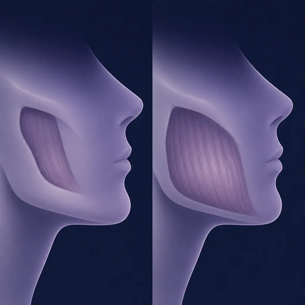 Before and after masseter muscle growth comparison showing jaw width difference