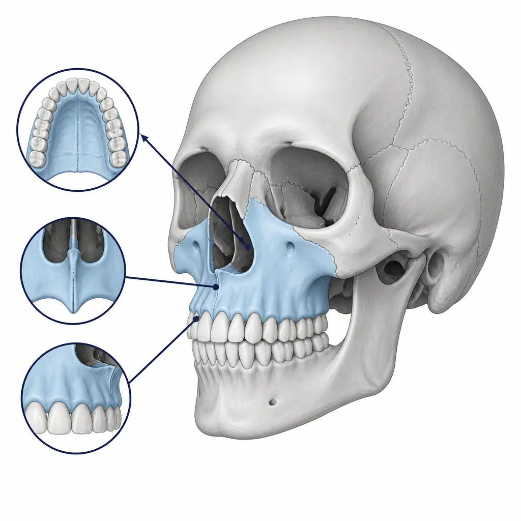 Anatomical diagram of the maxilla bone highlighted in a human skull, showing how to grow maxilla through understanding its structure