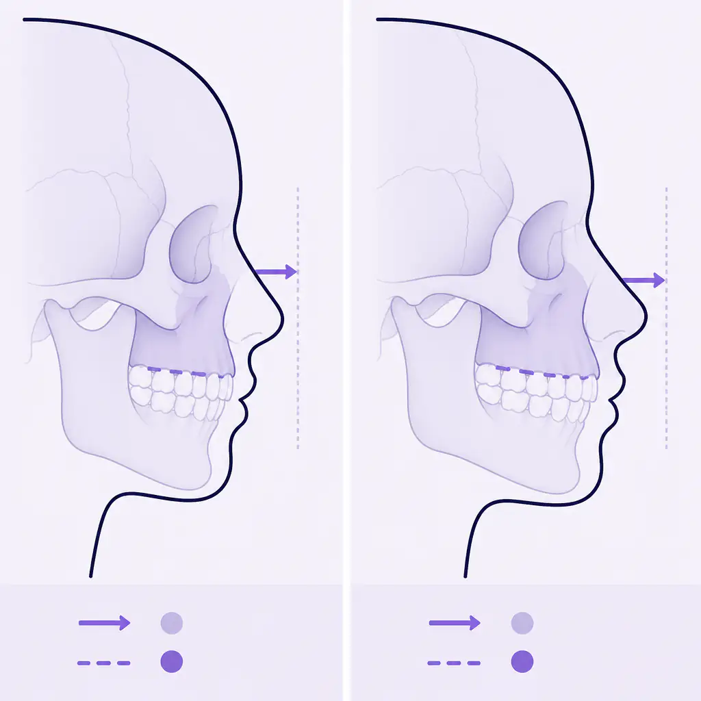 Side-by-side comparison diagram of recessed versus well-projected maxilla in profile view
