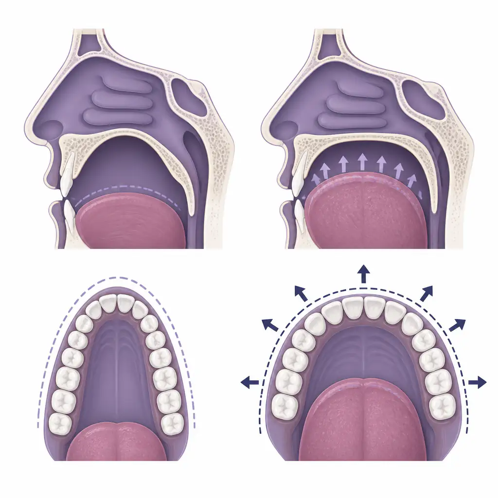 Cross-section diagram comparing narrow and wide palate anatomy related to maxilla growth and nasal breathing